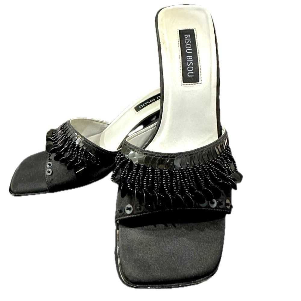 BISOU BISOU Black Glam Satin Mules Sandals w/ Sequins & Beads, EUC, Fabulous!